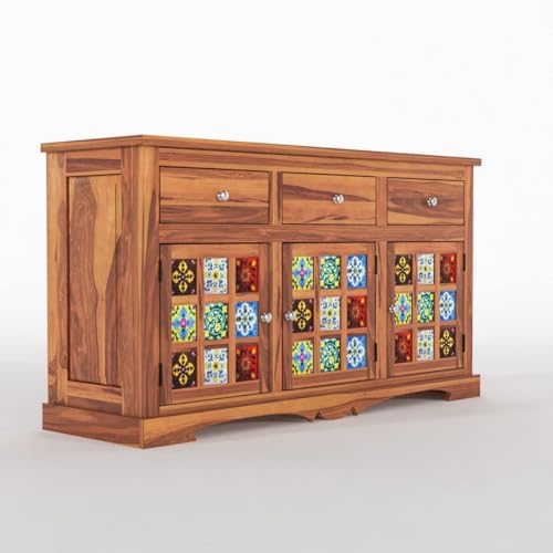 Image of Sheesham Wood Sideboard and Cabinets | Wooden Side Board Tv Cabinet with Multicolor Tiles for Living Room | Free Standing Buffet Cabinet with 3 Drawers & 3 Door Storage | Natural Finish