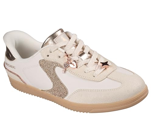 Image of Skechers Women's D'Lites Fan Girl Sneaker | Hands Free Slip-Ins, Duraleather & Suede Sneaker, Rhinestone Details & Charms Lace Up, Air-Cooled Memory Foam Insole