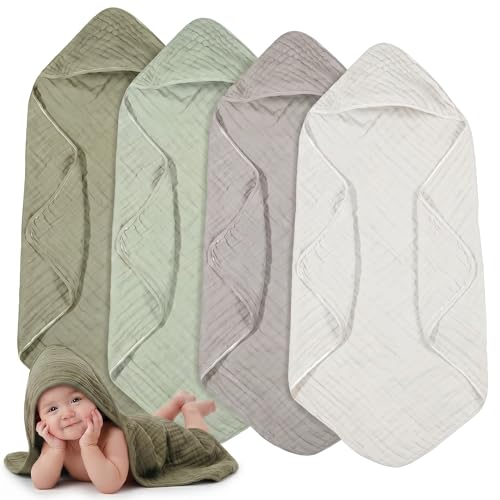 Image of Peryiter 4 Pcs Muslin Hooded Baby Towels, 32 inchx 32 inch Cotton Newborn Bath Towel Muslin Infant Baby Blankets Absorbent Unisex Newborn Registry Gift Essentials for Girls Boys (Green,Gray,Beige)