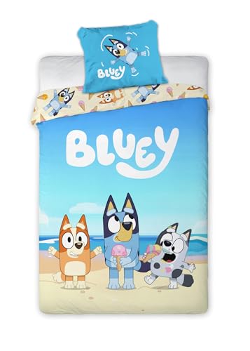 BrandMac Bluey Parure de lit pour Enfants | Housse de Couette 140x200 cm avec taie d'oreiller 50x70 cm | Parure de lit Officielle Bluey | Motif Dessin animé...