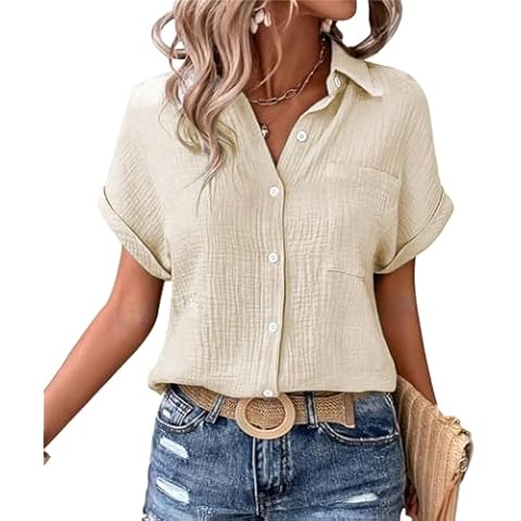 KOOSUFA Womens Button Down Shirts Short Sleeve Summer Pleated Cotton V Neck Casual Tops Blouses Loose Tee with Pocket Apricot XL Cover