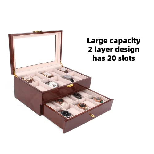 Nisorpa 20 Slots Wooden Watch Box Glass Top Men Watches Display Case Organizer Women Watch Collection Boxes Red,Gift For Christmas Valentine’s Day Mother's Day #TOP2