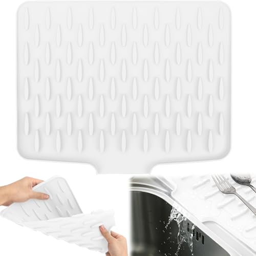 RZCOMP Silicone Draining Mat,Silicone Dish Drying Mat Non-Slip Sink Drainer Mat,No-Spill Mat & Heat Resistant Folding Draining Board Mat for Kitchen Counter,Sink (White)