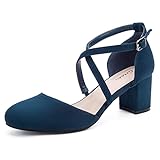 Greatonu Womens Court Shoes Mid Heel Chunky Dress Sandals Ladies Ankle Strap Wedding Party Pumps Blue Size 6