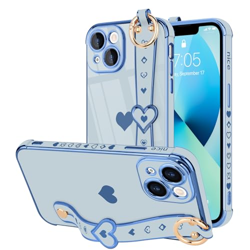 LLZ.COQUE - LLZ.COQUE for iPhone 13 Case Cute Love-Heart Plating Strap Phone Cover for Women Girls Bling Soft Silicone Camera Lens Protection Bumper Shockproof Phone Case for iPhone 13 (6.1'')-Sky Blue