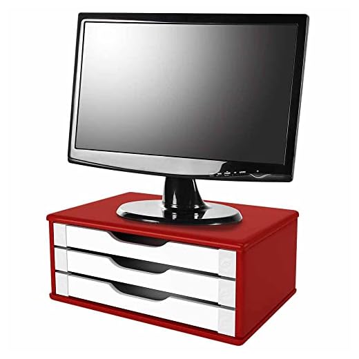 Suporte de Monitor 3 Gavetas, Mdf Vermelho C/Gaveta Branca - Souza & Cia (Ref: 3355)