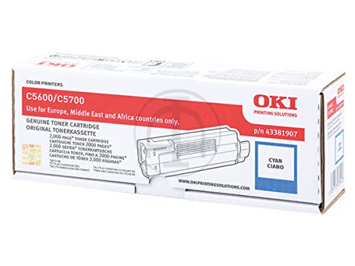Toner Cyan OKI C 5600 d'origine de 2000 pages (référence 43381907) pour imprimante