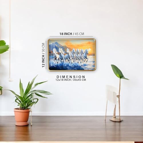 Image of 7 Running Horses Photo Frame, Ultra High Gloss Lamination, Vastu Painting for Living Room, Office, 12x18 Inch (Design 23)