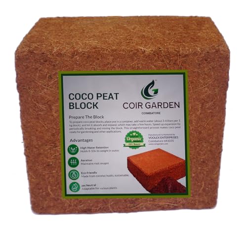 COIR GARDEN - Cocopeat Block 1 KG (Pack of 1) - Expands Upto 5 kg - Soil Manure Potting Mixture for Terrace and Kitchen Gardening