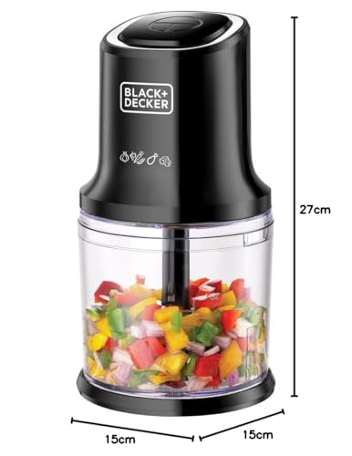 BLACK+DECKER Vertical Chopper, 500W, 4 Durable Stainless Steel Blades, 500ml Working Capacity Bowl, Sleek Chrome Trim, Powerful Motor for Chopping, Pureeing & Mincing, Easy to Use, Black - FC500-B5