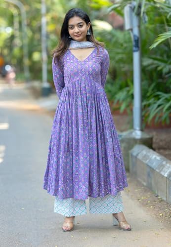 Image of Nermosa Women Printed Anarkali Kurta and Pant Set with Dupatta