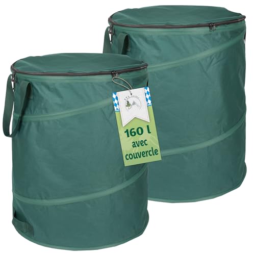 TTL Garden - Lot de 2 sacs de jardin pop-up de luxe de 160 l - Avec couvercle - 220 g/m² - Oxford 600D - 160 l - Pliable - Extra stable - Sac à feuilles et récipient pour déchets de jardin verts
