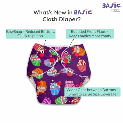 Image of Superbottoms Basic Leakage-proof advanced cloth diapers for babies, High Absorbent 100% cotton 5 reusable diaper and 5 insert pad Combo Pack washable cloth diaper 3M -3Years Adjustable, Reduces Rash