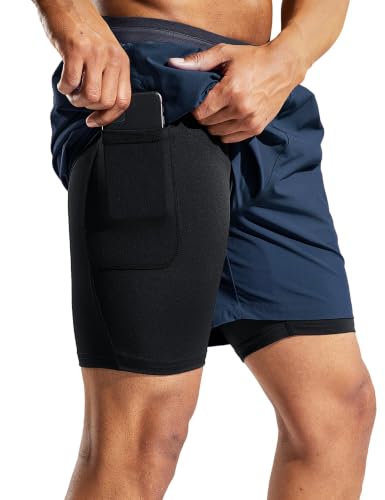 MIER Men's 5 Inch 2-in-1 Running Shorts with Liner, Navy, S