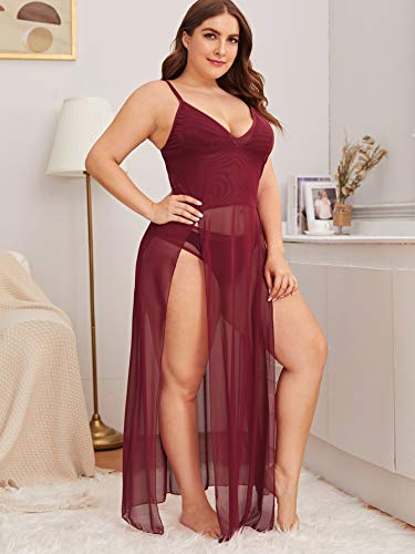 Soly Hux Women's Plus Size Split Long Mesh Lingerie Dress Babydoll Chemise Burgundy 3Xl #TOP3