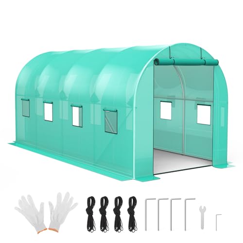 Serre en film avec base en acier, 2 portes et 8 fenêtres, tunnel en acier galvanisé avec ancrage au sol et film de protection renforcé, résistant à...