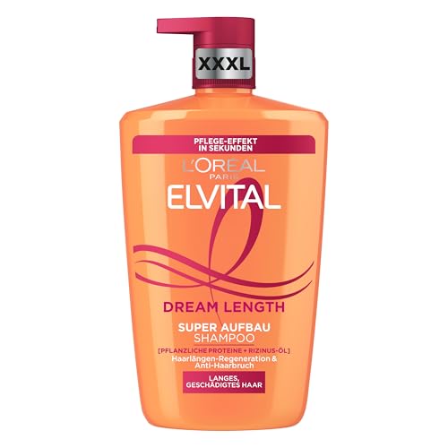 L'Oréal Paris Elvital XXXL Shampoo gegen Spliss, Für traumhaft langes Haar, Mit Rizinus-Öl, Vitaminen und pflanzlichen Proteinen, Dream Length Super Aufbau Haarshampoo, 1 x 1000 ml