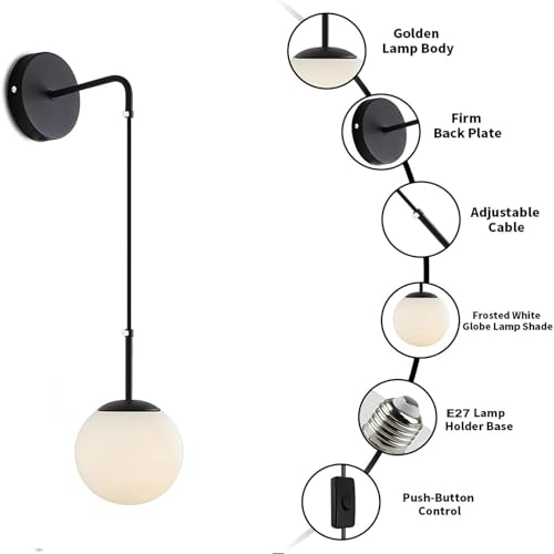 Aplique de pared E27 con enchufe e interruptor de aluminio negro 3