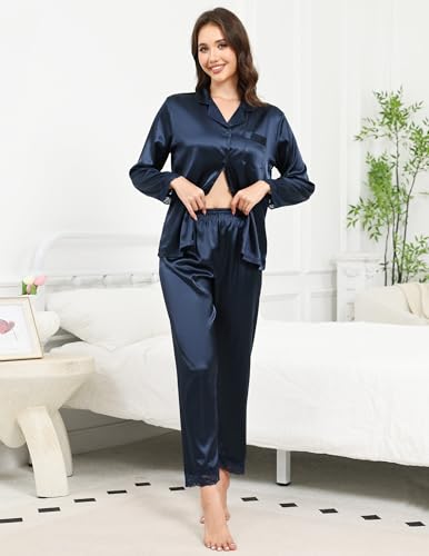 TeJoyce Pijama Mujer Seda Largo Invierno, Dos Piezas Raso Ropa de Dormir, Conjunto Satén Camiseta Encaje Manga Larga con Botones Abierto y Pantalón, Elegante y Cómodo Ropa de Casa S-XXL - imagen 2