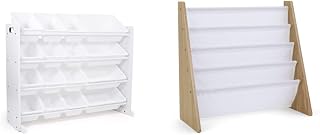 Humble Crew Extra-Large Toy Organizer, 16 Storage Bins, White/White & Natural/White Kids Book Rack Storage Bookshelf with Deep Sleeves, Universal