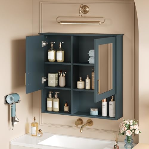 Botiquín de baño empotrado en pared Marzzi con espejo y espacio abierto | Botiquín organizador para baño sobre inodoro de 30" x 28", con puerta espejada, estantes ajustables y almacenamiento miniatura 3