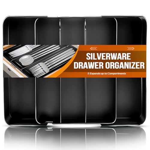 Silverware Organizer, Adjustable & Expandable Utensil Tray for Kitchen Cutlery Storage, Spoons Forks Knives Holder Storage Dividers, Multipurpose Silverware Drawer Organizer for Dining Table - Black