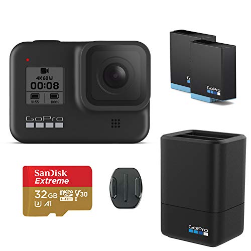 GoPro HERO8 Black Action Camera w/GoPro Dual Lithium-Ion Battery Charger with 1 x Battery and 32GB Memory Card
