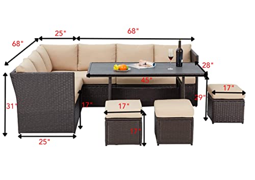 Image of DEVOKO 6-pcs Conversation Wicker Sofa Wooden top Dining Table, Outdoor Patio Furniture Set with Cushions for Garden, Poolside, Balcony (Dark Brown and Cream)