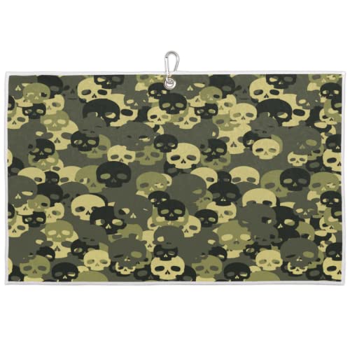 Golf Towel, Green Camouflage Skull Printed Microfiber Golf Towels For Golf Bags With Clip Golfer Funny Golf Gift For Men Women 15X24In #TOP9
