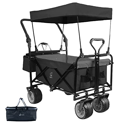 Collapsible Wagon Heavy Duty Folding Wagon Cart with Removable Canopy, 4" Wide Large All Terrain Wheels, Brake, Adjustable Handles,Cooler Bag Utility Carts for Outdoor Beach Cart Garden Wagons Carts