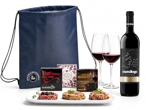 VALELI Pack regalos para hombre mujer, Cesta Gourmet con Vino Tinto Rioja Crianza 75cl, 3 Patés Ibéricos y Mochila Isotérmica.Detalle Cumpleaños, Navidad