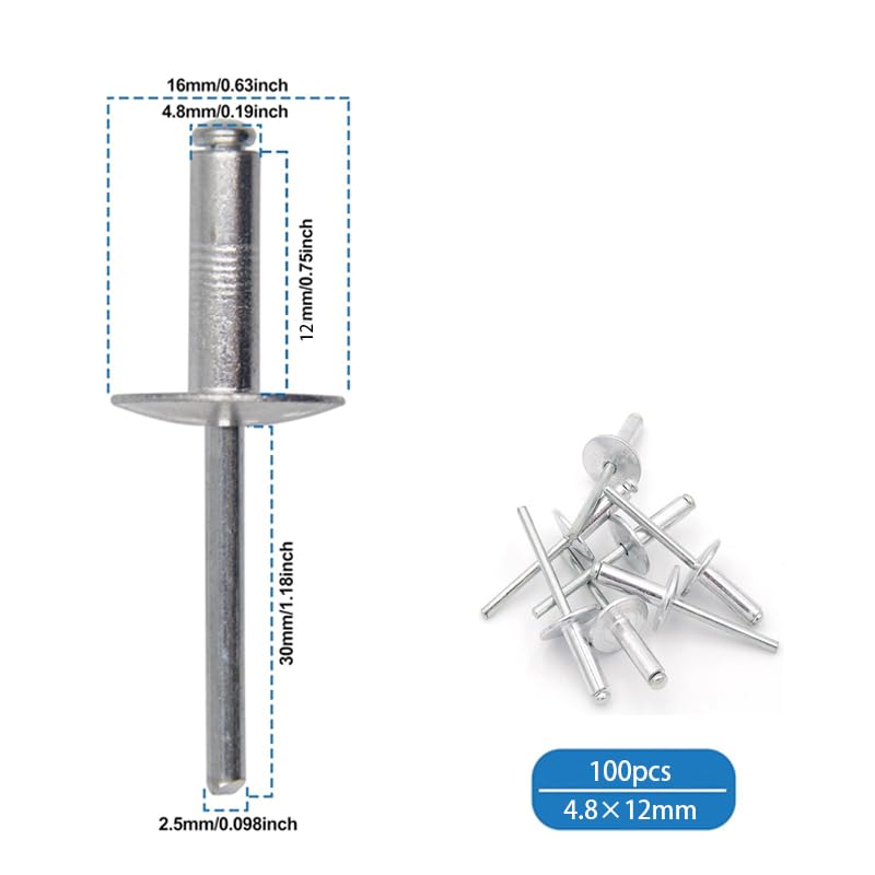 BokWin 100 Rivetti Ciechi In Alluminio Da 3/16 Pollici X 1 Pollici - Foto 2