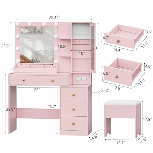 Image of Vanity Desk with Mirror and Lights, Pink Makeup Vanity with 5 Drawers Hidden Jewelry Organizer& LED Glass Cabinet,3 Light Mode and Brightness Adjusted,Vanity Mirror with Lights Desk and Chair