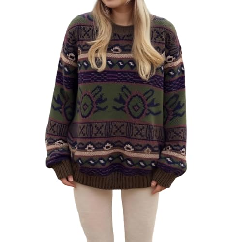Image of Women Vintage Striped Pullover Sweater Y2k Long Sleeve Crew Neck Loose Knit Sweaters Fall Winter Knitwear