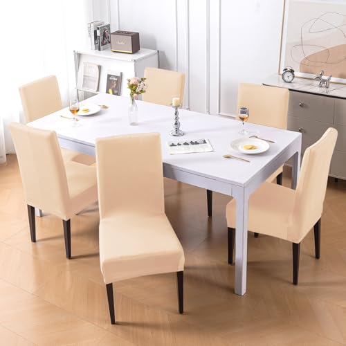 Image of HOKIPO 'SereneSolids' 140 GSM Stretchable Dining Chair Cover - Set of 6, Beige (AR-6246-BGE)