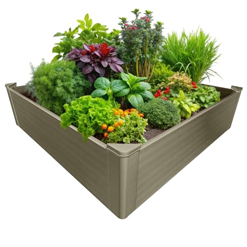 One Sweet Earth Raised Garden Bed - 4x4 ft Planter Box - Weathered Wood HDPE - No Tools Needed - DIY Kit for Urban Gardening, Flowers, Herbs & Vegetables - Made in The USA