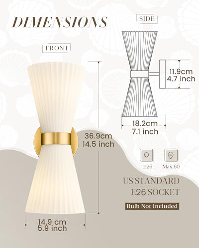 Image of Gold Sconce Wall Lighting, HWH Single Wall Vanity Light Fixture Brushed Gold Wall Sconce Lamp, Modern Indoor Up Down Wall Light with Frosted Milk White Striped Glass Shade, 5HZG97B-2W BG