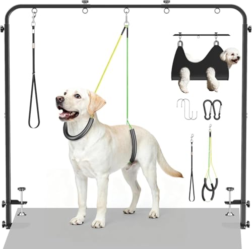 Dog Grooming Arm with Hammock&Nooses&No Sit Haunch Holder H-Shape Height 20-42 Width 27-39 Adjustable Pet Grooming Table Arm with Clamp Pet Grooming Supplies for Small Medium Breeds Up 70IB