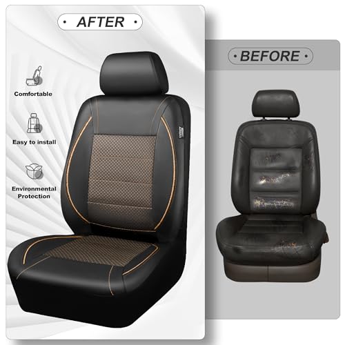 Image of CAR PASS Piping PU Leather Car Seat Cover Full Set,Inside Zipper Design and Reserved Opening Holes,Airbag Compatible,Universal FIT for Car, SUVs,Van,Small Trucks(Full Set, Black & Gold)