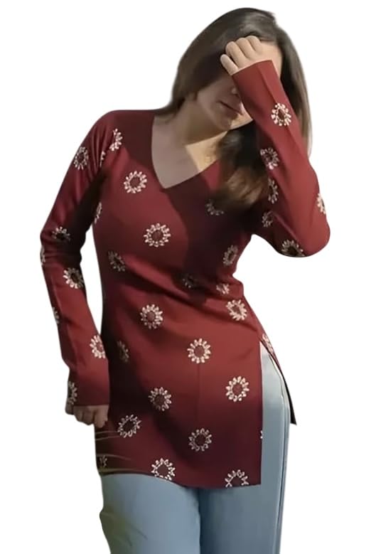 Image of FELISIA Women's Rayon Floral Printed Full Sleeves V-Neck Short Kurti, Bell Sleeves, Short Kurti for Woman, Stylish Ethnic Top, Daily Casual Western & Office wear