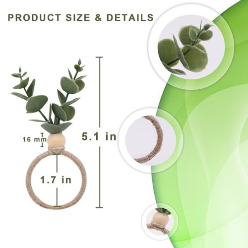 Aekao AEKAO-0930 Napkin Rings With Artificial Eucalyptus Leaf Wood Bead Jute Rope thumb #1