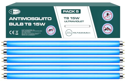 CLAR - Tubos Fluorescentes UV, Bombilla Antimosquitos Exterior, Lampara de Luz Ultravioleta, 43,7 x 2,6 cm (15 Watts T8, Pack 5)