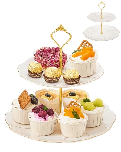DUJUST Luxury Porcelain 2-Tier Cupcake Stand Tower, British Style Serving Tray with Golden Trim, Food Grade Dessert Display Stand, Beautiful Gift for Tea Party & Home Décor
