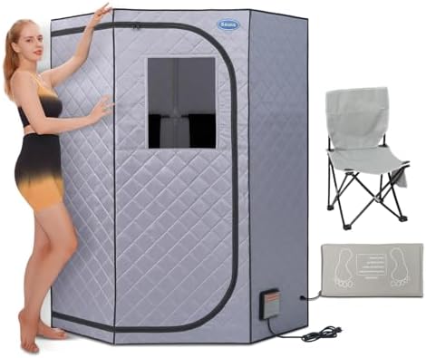 Portable Full Size Infrared Sauna for Home,Pentagonal Size Far Infrared Sauna,One Person Sauna Tent with Heating Foot Pad, Portable Chair, (L38 x W38 x H63, Grey)