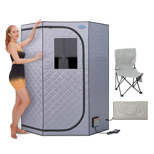 Portable Full Size Infrared Sauna for Home,Pentagonal Size Far Infrared Sauna,One Person Sauna Tent with Heating Foot Pad, Portable Chair, (L38 x W38 x H63, Grey)