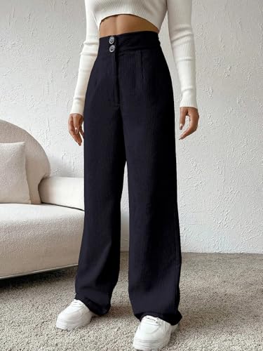Image of Women's Wide Leg Bottomwear with Pocket || Corduroy Mid Rise Loose & Relaxed Fit Casual Korean Baggy Trousers for Woman Elegant Workwear for Office, College & Events