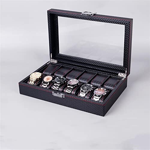 Czdyuf 12 Grids Carbon Fiber Watch Box Pu Jewelry Box Density Board Watch Case Holder Organizer For Watches Men Valentine's Day Gift (Color : Black, Size #TOP2