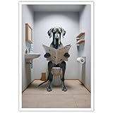 Funny Bathroom Canvas Wall Art Great Dane Reading The Newspaper Poster Trendy Whimsical Animal Lovers Photograph Aesthetic Prints Painting For Restroom Bathroom Wall Decor 12x16in Unframed
