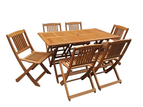 Table et chaises de Jardin en Bois Exotique Hongkong - Table Pliante + 6 chaises Pliantes