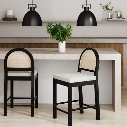 Image of Nathan James Bailey Boucle Upholstered Rattan Bar Stool, Counter Height Stool with Natural Rattan Woven Back For Kitchen Island, White /Black Oak, Set of 2